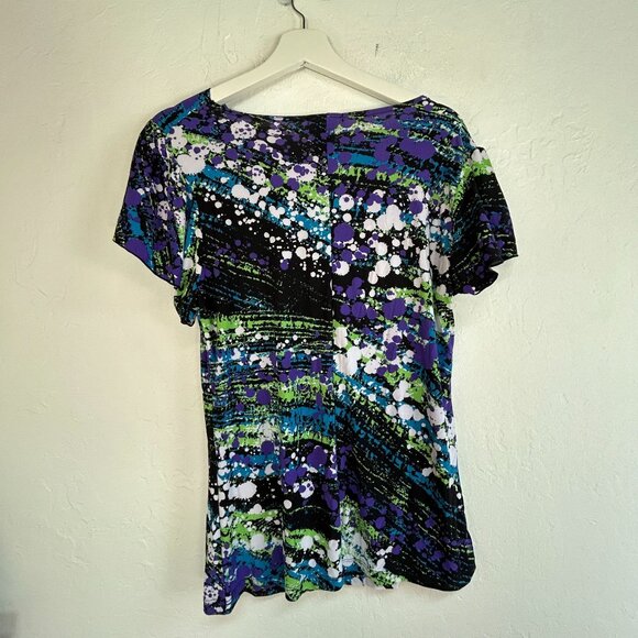 Carole Little Womens Abstract Print Short Sleeve Drape Neck Top Large Purple New - Picture 2 of 7